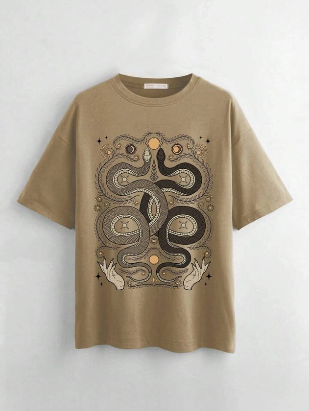 Academia Women's Vintage Snake Printed Loose Fit T-Shirt