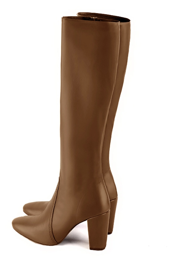 Caramel brown feminine knee-high boots. Round toe. High block heels. Model : Stan Paris Bottier
