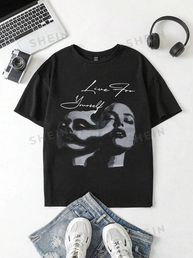 SHEIN EZwear Abstract Figure Letter Print Oversized Round Neck Short Sleeve Women T-Shirt Suitable For Summer Live For Yourself