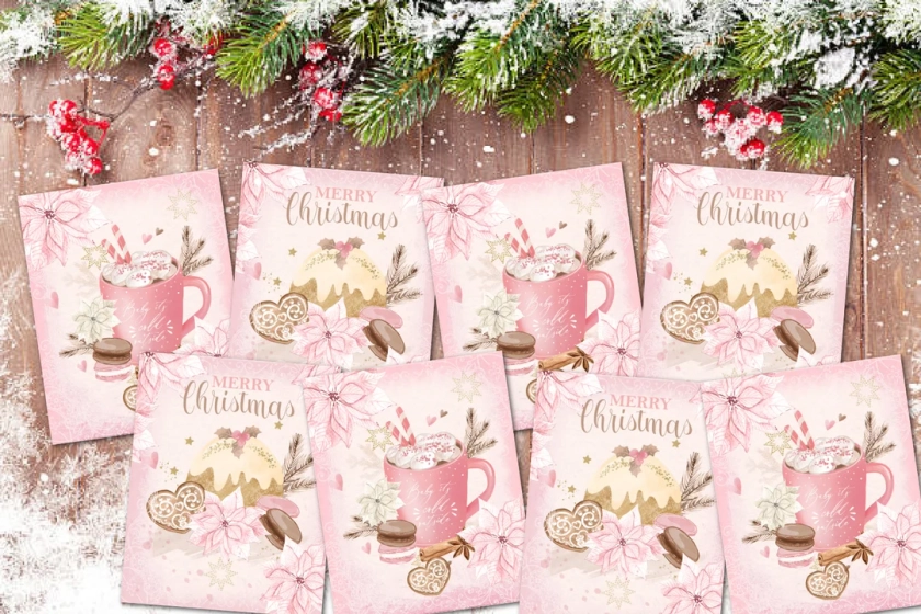 Set of 8 Pink Christmas Hot Chocolate ATC Tags/Toppers/Embellishments