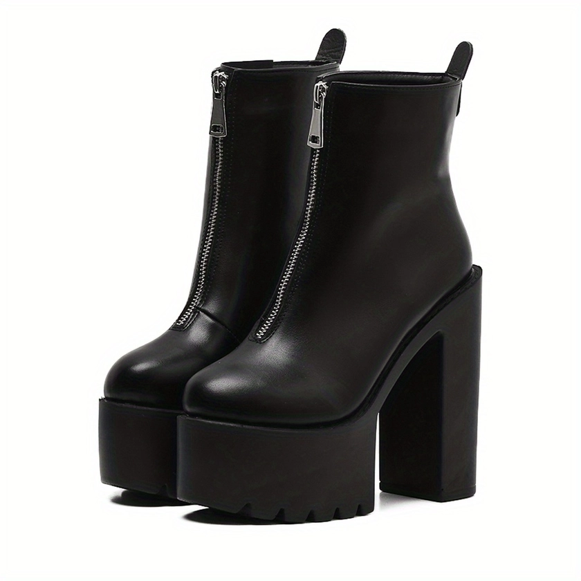 Women&#39;s Black Block Heeled Boots, Round Toe Front Zipper Platform Shoes, Women&#39;s Fashion Solid Color Boots