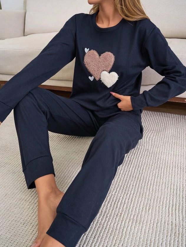 SHEIN 2 pièces Set de pyjama Homeware avec détail broderie en forme de cœur bicolore