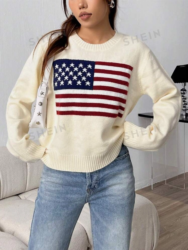 SHEIN MOOSTA Chandail Pour Femmes Avec Motif De Drapeau Et Épaules Tombantes