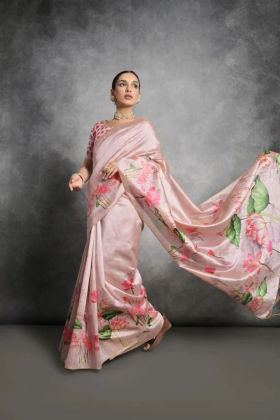 Baby Pink Tussar Silk Saree with Pichwai Digital Print