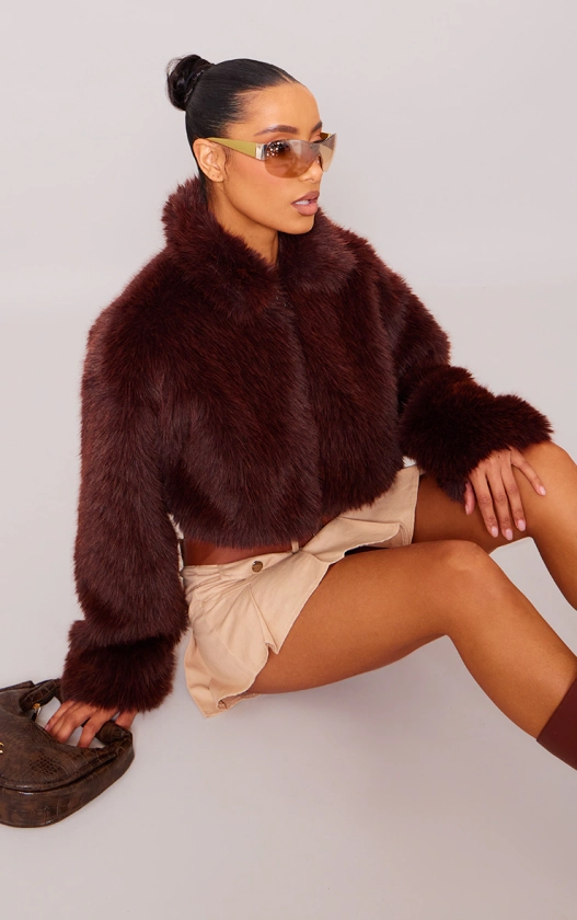 Chocolate Faux Fur Cropped Zip Up Jacket