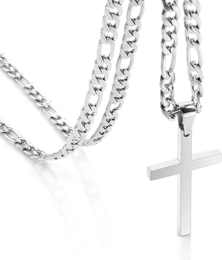 CaptainSteeL Cross Necklace for Men - Stainless Steel Silver/Gold Plain Cross Pendant Necklace Simple Jewelry Gifts, 24 Inches 3:1 Figaro Link Chain 4/5/6mm Width