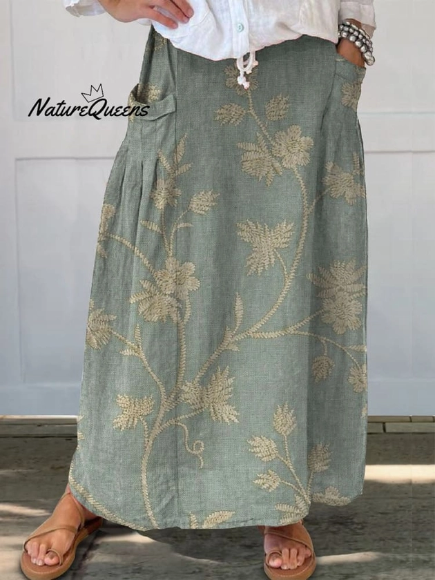 Women's Retro Floral Art Linen Elastic waistband Pocket Skirt