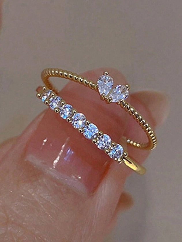 2 Pcs Ladies Fashion Simple Rhinestone Love Sparkling Ring Set Party Gift Opening Adjustable
