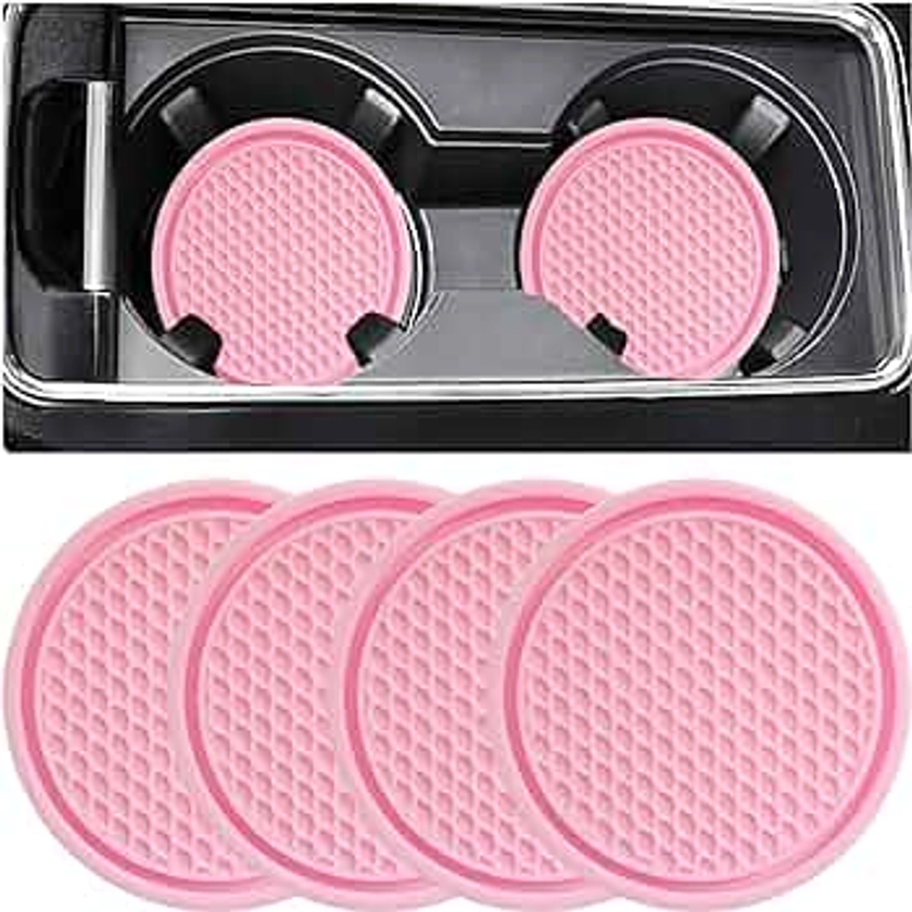 Car Cup Coaster, 4PCS Universal Auto Non-Slip Cup Holder Embedded in Ornaments Silicone Coaster, Car Interior Accessories Mat, Pink