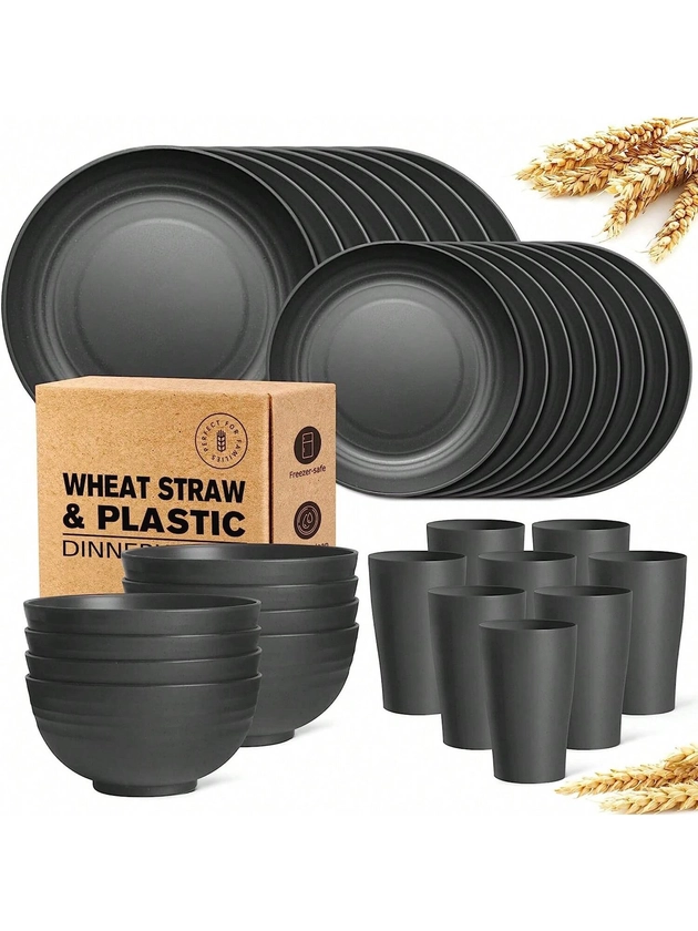 Teivio 32-Piece Kitchen Plastic Wheat Straw Dinnerware Set, Service For 8, Dinner Plates, Dessert Plate, Cereal Bowls, Cups, Unbreakable Colorful Plastic Outdoor Camping Dishes, Black