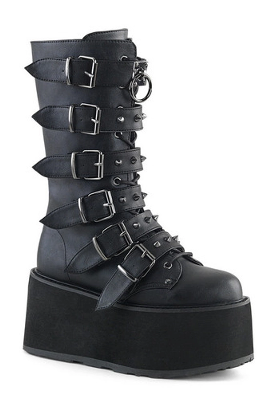 Black Vegan Leather Stud Buckle Mid Calf Boots
