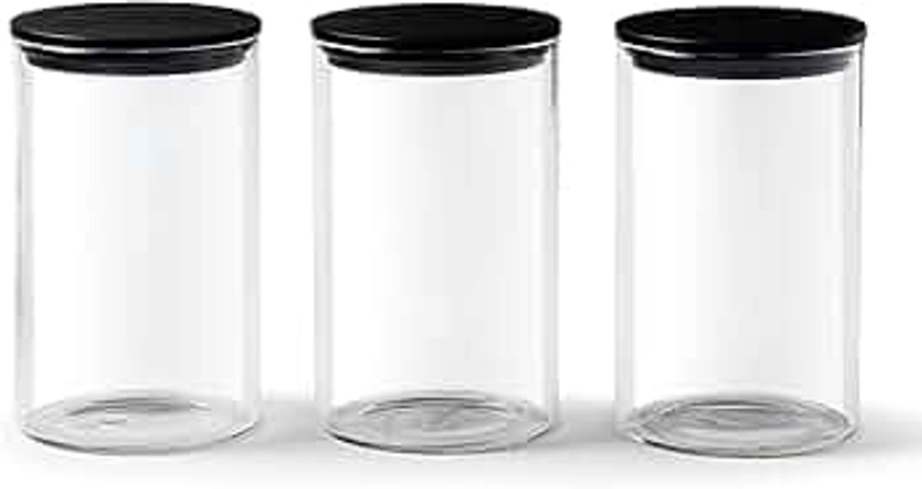 Franklin Lade Glass Storage Jars | 3 Piece Set 900ml | Airtight Black Bamboo Lids | Glass Jars with lids | Tea Coffee Sugar Canisters | Pantry Storage Containers | Storage Jars for Kitchen