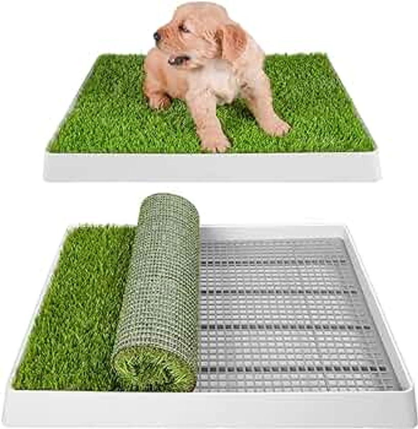 Dog Grass Pad with Tray, Dog Litter Box, Porch Potty for Puppy Pee Training, Indoor Portable Fake Grass Pee Pad System, Artificial Grass + Pee Pad Holder