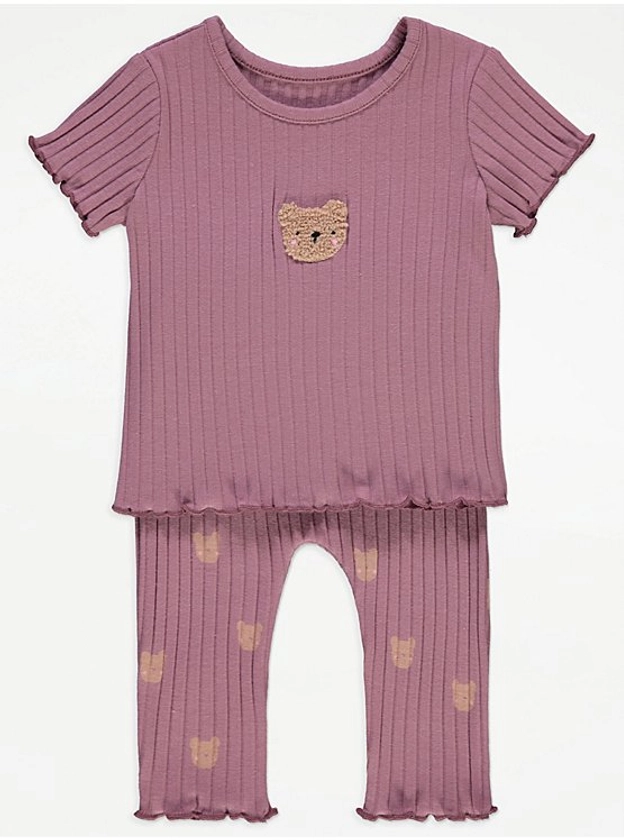 Mauve Ribbed Bear T-Shirt and Leggings Outfit