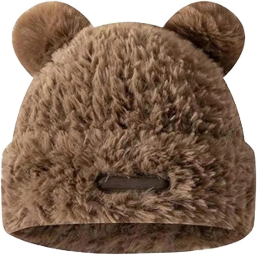 Fluffy Bucket Hat,Bear Hat Women Cute Winter Hats with Bear Ears Fashionable Skin-Friendly Fuzzy Warm Hat Fur Plush Hat Khaki