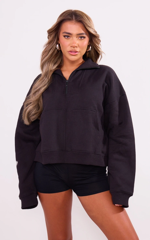 Black Half Zip Double Pocket Seam Detail Sweatshirt