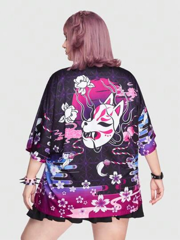 J-Fashion Plus Floral & Cartoon Graphic Drop Shoulder Kimono