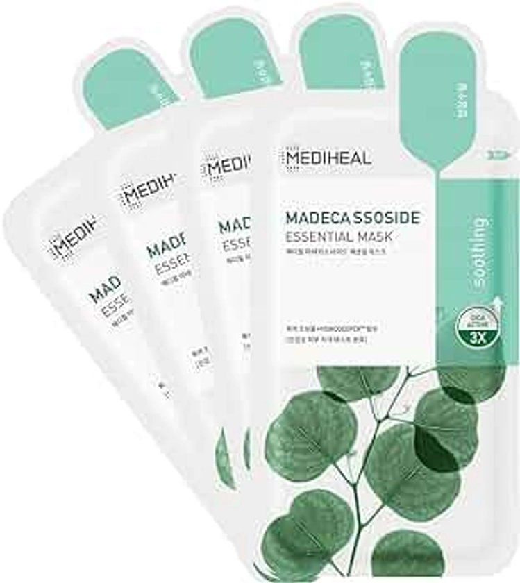 Mediheal Best Korean Sheet Mask - Madecassoside Essential Face Mask 4 Sheets For Sensitive Blemish Prone All Skin Types Hydrating Moisturizing Calming Soothing
