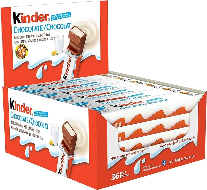 Kinder Chocolate Bars Sweets Bulk - Pack of 36 x 21g Fine Milk Chocolate Medium Snack Bars with a Milky Filling. Kids Sweets with Topline Card for Lunchbox Snacks, Birthday Party Bag Fillers.