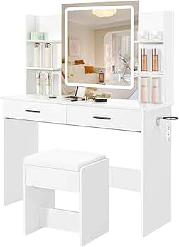 Vanity with Lighted Mirror, Makeup Vanity Desk with Power Outlet, 3 Color Lights, Adjustable Brightness, Vanity Table with 6 Shelves, 2 Drawers and Stool, White