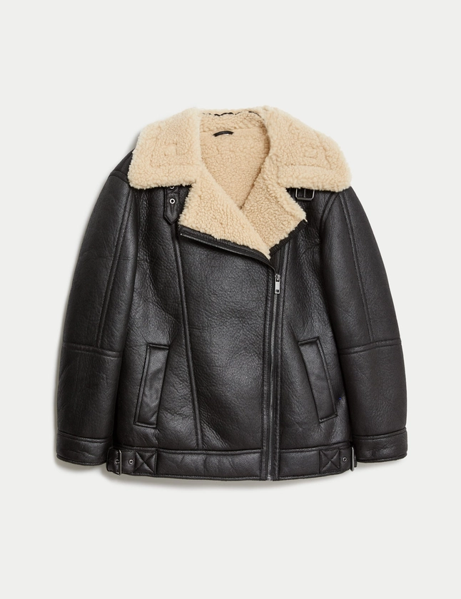 Faux Shearling Borg Lined Aviator Jacket