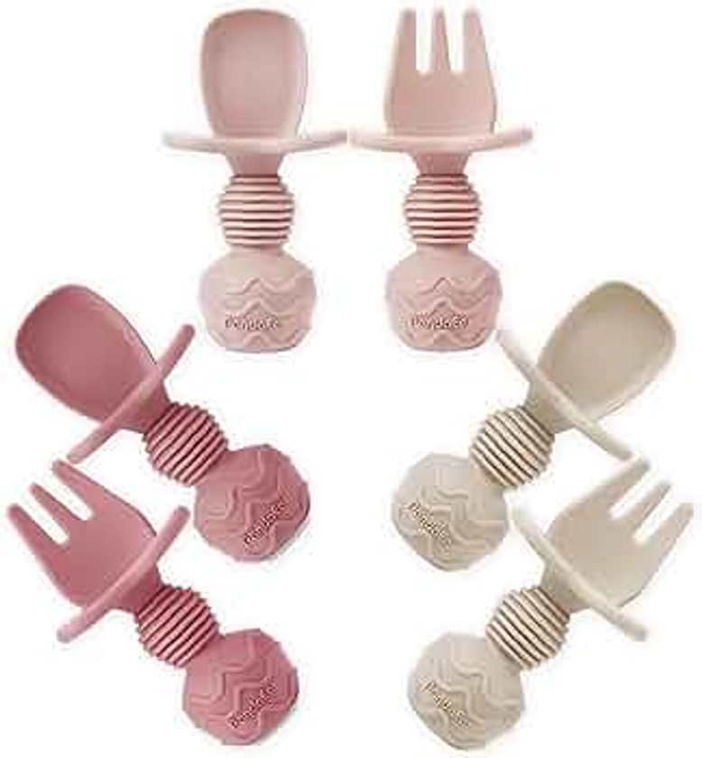 PandaEar Lot de 6 Cuillères et fourchettes en silicone pour bébé - Premiers ustensiles d'auto-alimentation anti-étouffement pour bébé à partir de 3 mois (Rose)