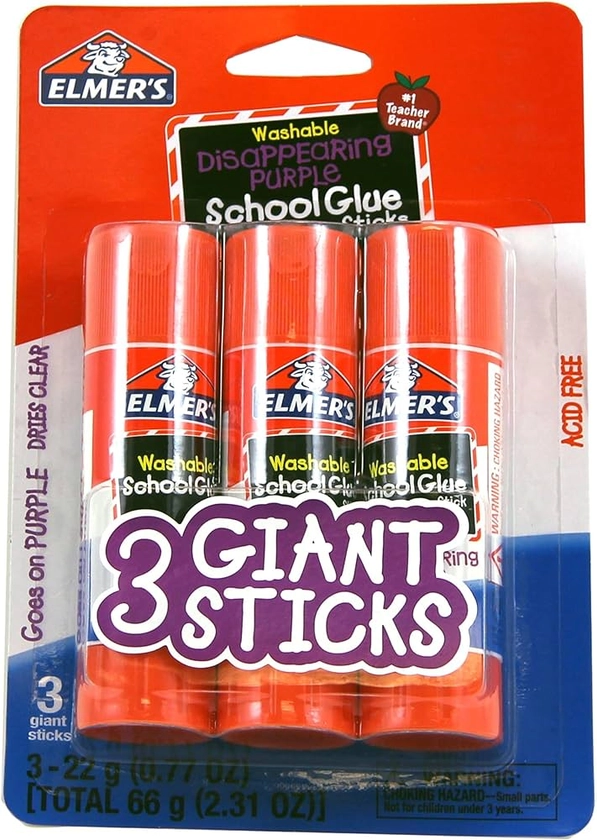 Amazon.com: Elmer's Disappearing Purple School Glue Sticks, Washable, 22 Grams, 3 Count : Industrial & Scientific