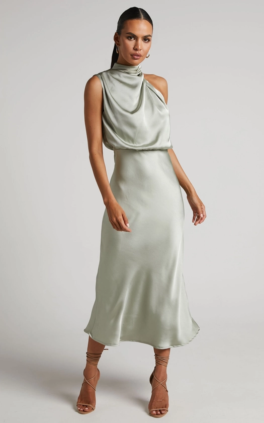 Minnie Midi Dress - Drape Neck Satin Slip Dress in Sage