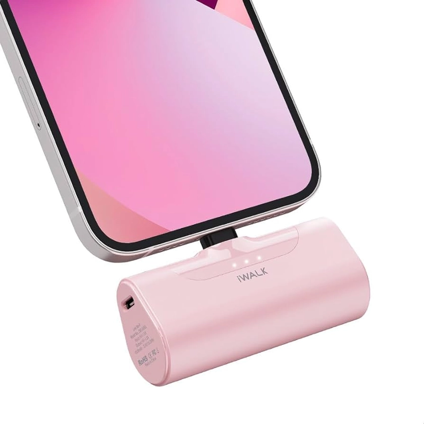 iWALK Mini Portable Charger 4500mAh Ultra-Compact Power Bank Small and Cute Battery Pack Compatible with iPhone 14/13/13 Pro/13 Pro Max /12/12 Pro/12 Pro Max/11 Pro/XR/X/8/Plus，Airpods and More,Pink