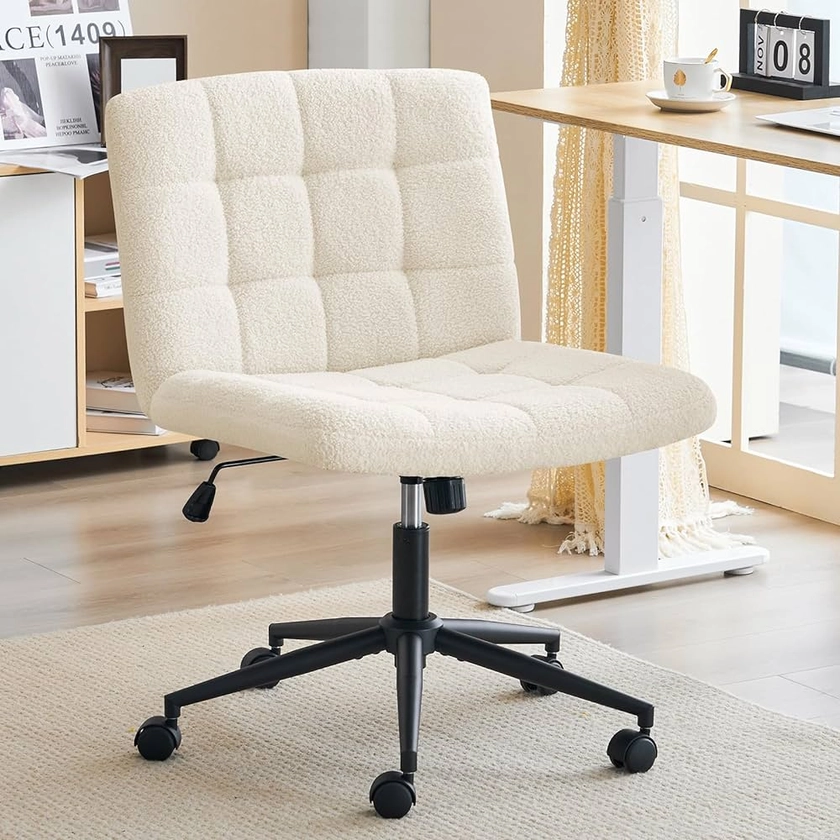 Amazon.com: Furnimart Faux Fur-white Office Chair | swivel, criss cross legged, with wheels, height adjustable, armless | home office, desk, vanity, bedroom | comfy seat : Home & Kitchen