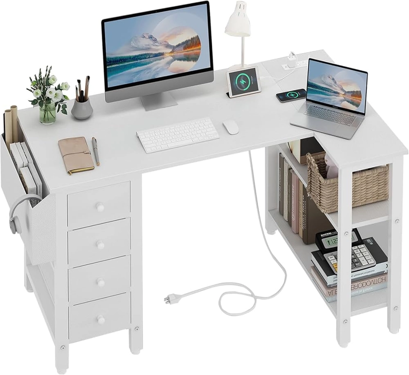 Lufeiya White L Shaped Computer Desk with Drawers & Storage Shelves, 47 Inch Corner Desk with Power Outlet for Home Office Bedroom, L-Shaped Teen PC Desks with Fabric Drawer, White