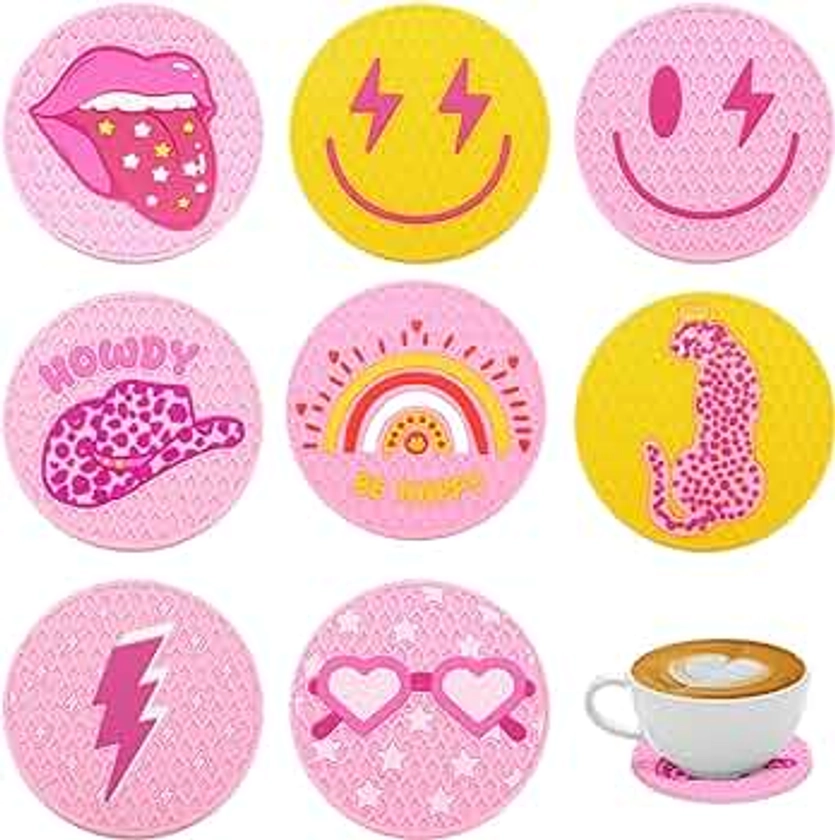 8 Pcs Preppy Car Coasters Pink Car Accessories for Woman Smile Face Leopard Car Cup Holder Preppy Drink Coaster Anti Slip Heat Resistant Cup Mat for Girls Auto Home 2.8'' (Silicone)