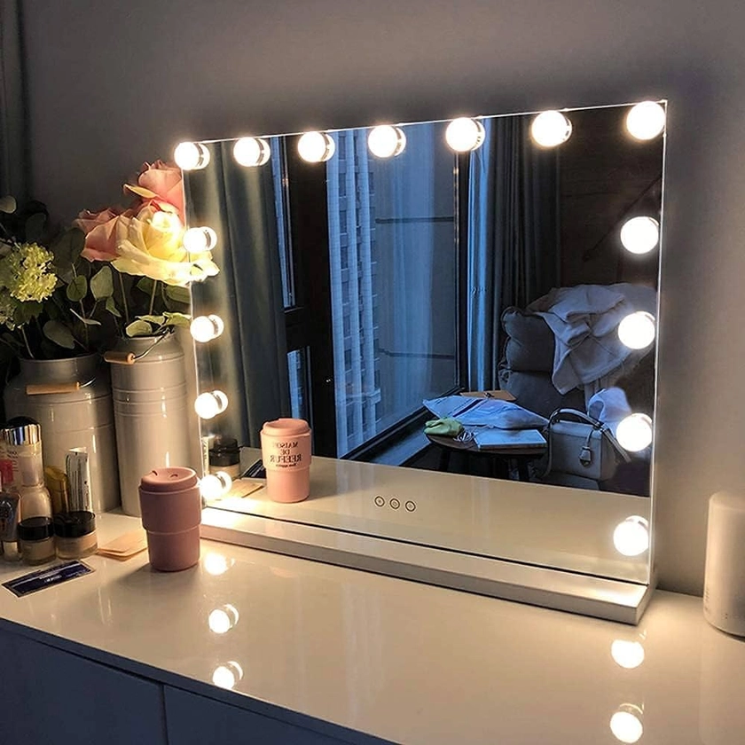 FENCHILIN Miroir Maquillage Hollywood avec Port de Charge Type C et USB 15 Ampoules LED Grand Miroir cosmétique avec 3 Modes déclairage Miroir de Table Blanc 58x46 cm