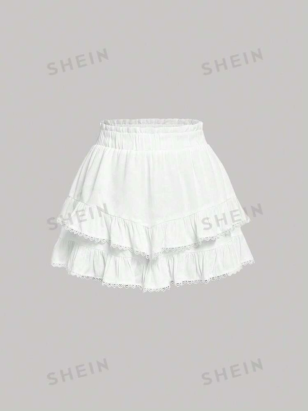 SHEIN MOD Short À Taille Froncée Ourlet En Dentelle À Volants