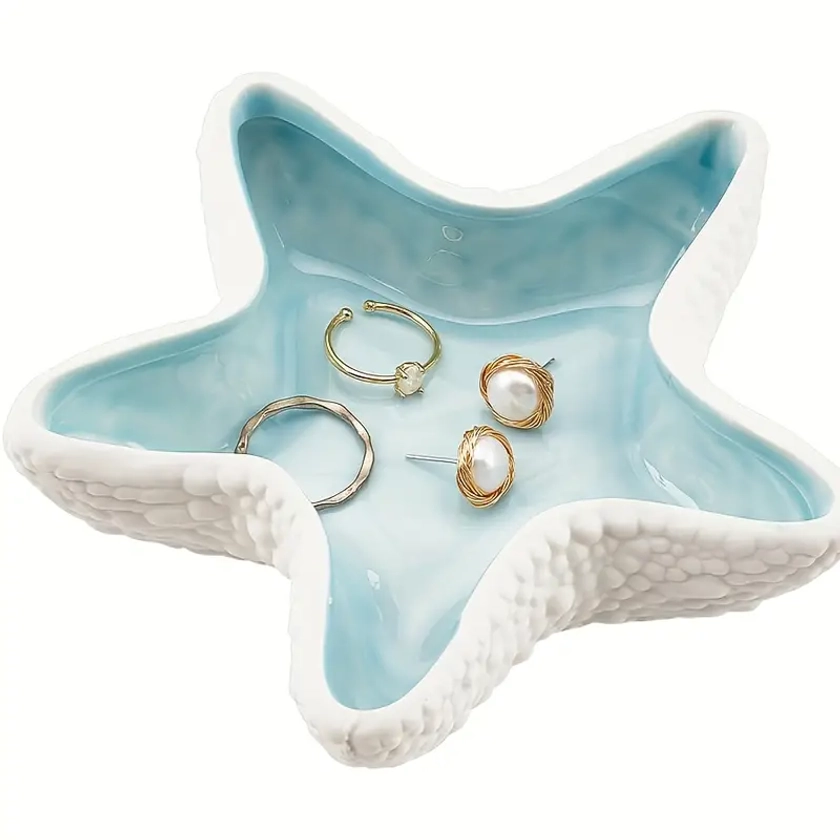 1pc Decorative Ceramic Jewelry Tray, Conch, Shell, Starfish Shape Trinket Dish, Ceramic Ring Earring Holder, Ocean-themed Decorative Trinket Plate For