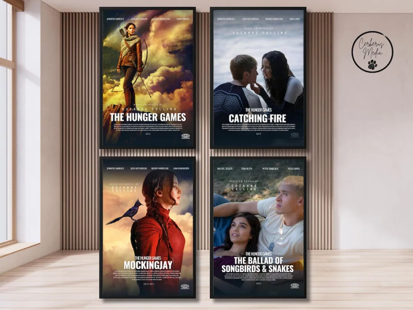 Affiches de film de la série Hunger Games (lot de 4) : Hunger Games, Catching Fire, Mockingjay et Ballad of Songbirds & Snakes