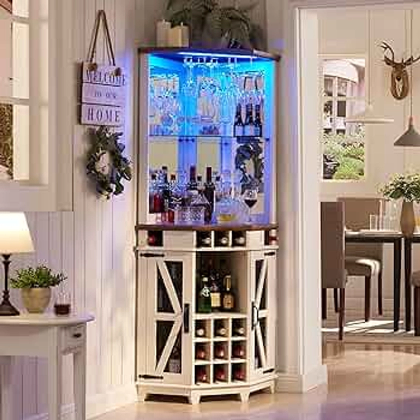 OKD Corner Bar Storage Cabinet, 72" Tall Farmhouse Wine Bar Cabinet w/Barn Door & Adjustable Shelves for Home w/LED Lights & Glass Rack for Dining Room, Living Room, Kitchen, Antique White