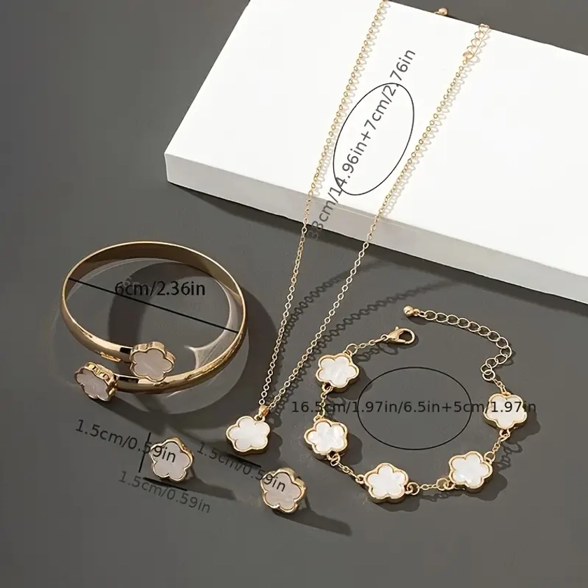 Clover Flower Jewelry Set, Elegant Sexy Style, Includes Clover Bracelet, Bangle, Stud Earrings, And Necklace Delicate Female Jewelry Set