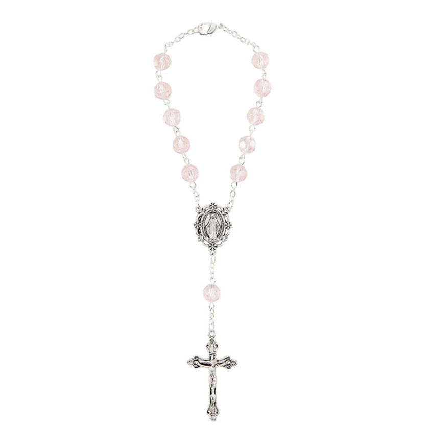 Pink Crystal One Decade Auto Rosary - Miraculous Medal Centerpiece - With Gift Box