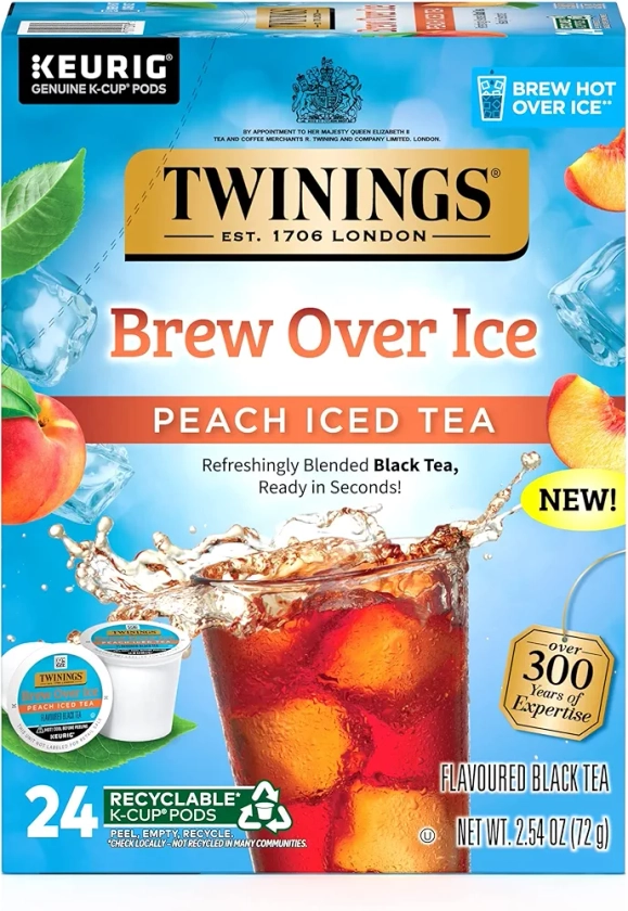 Twinings Brew Over Ice Unsweetened Peach Black Iced Tea K-Cup Pods for Keurig, 24 Count (Pack of 1), Caffeinated