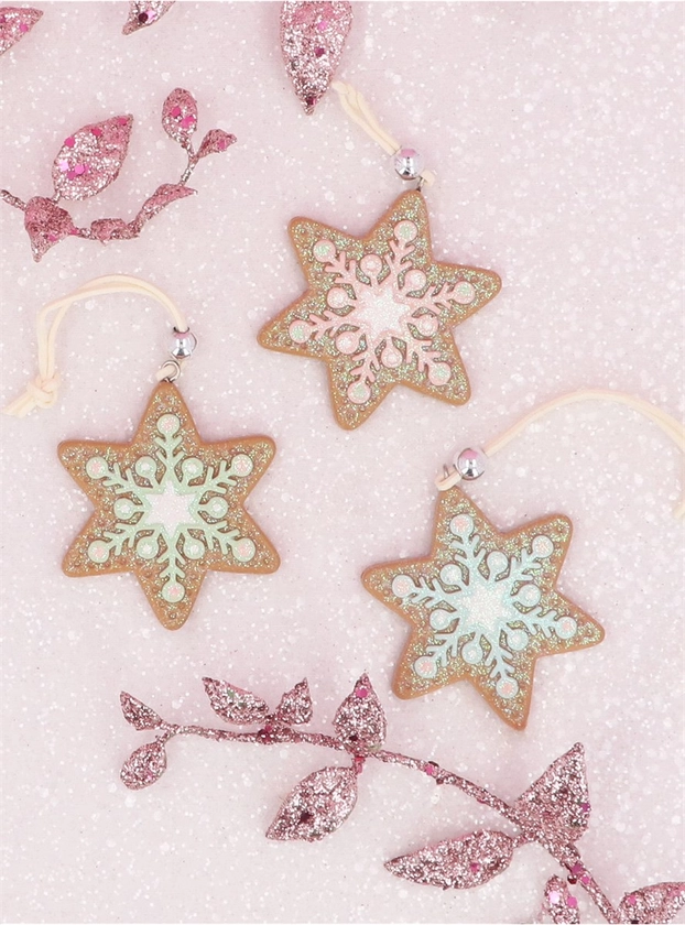 Set of 3 Resin Decorations - Gingerbread Stars with Pastel Snowflakes