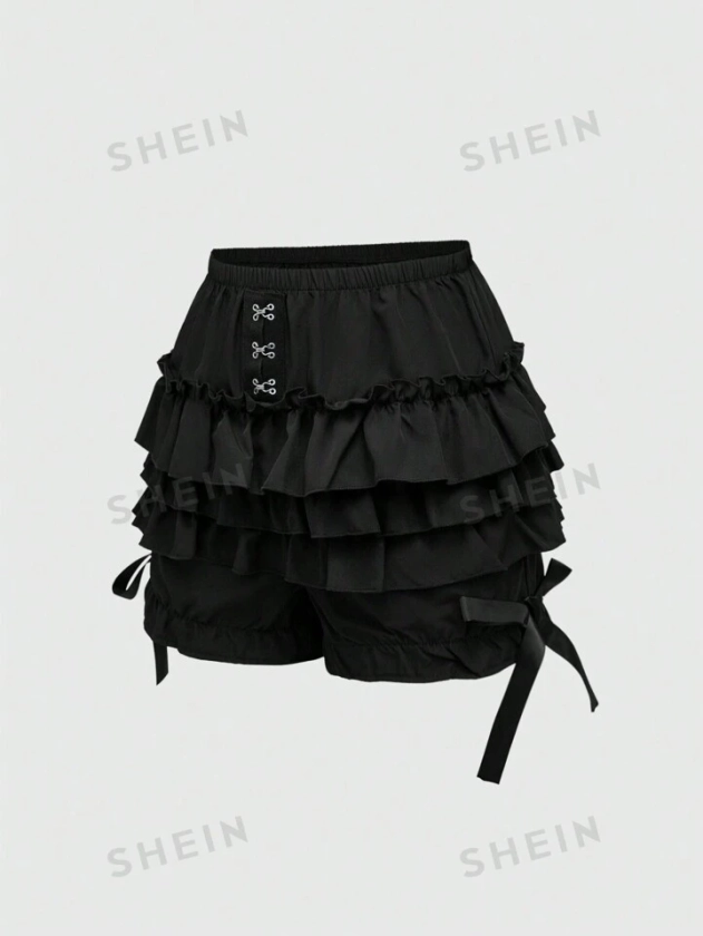 ROMWE Goth Shorts de calabaza lindos con triple capa de volante con estilo gótico y decoración de moño para mujer, ideales para niñas