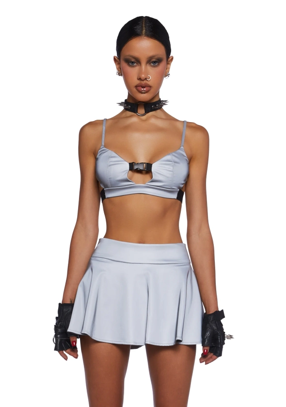 Future Girl Techno Club Buckled Stretchy Knit Reflective Skirt Set - Gray