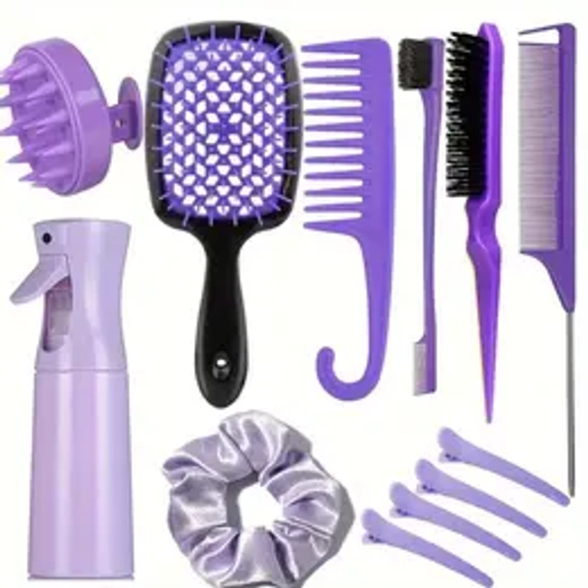 Hair Styling Tool Set, 12pcs/set Hair Brush & Combs & Massage Brush & Hair Tie & Hair Clips & Hair Spray Bottle, Heatless Styling Tools Set, Hair Products, Hair Essentials, Slick Back Bun Girl, Hair Styling Tools, French Combs