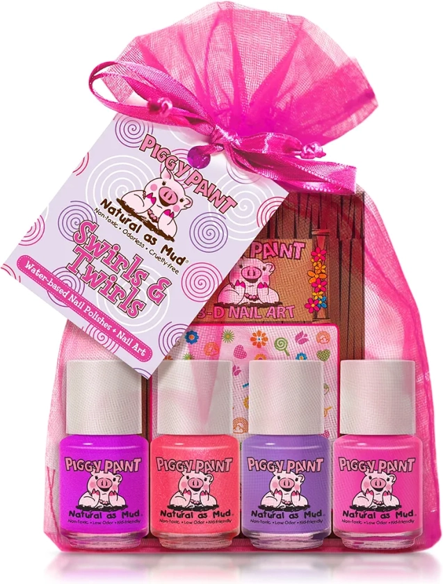 Piggy Paint | 100% Non-Toxic Girls Nail Polish | Safe, Cruelty-free, Vegan, & Low Odor for Kids | Swirls & Twirls (4 Polish + Nail Art Gift Set)