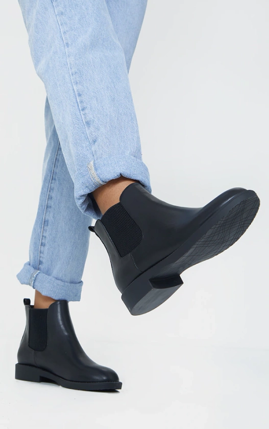 Black Faux Leather Basic Chelsea Ankle Boots