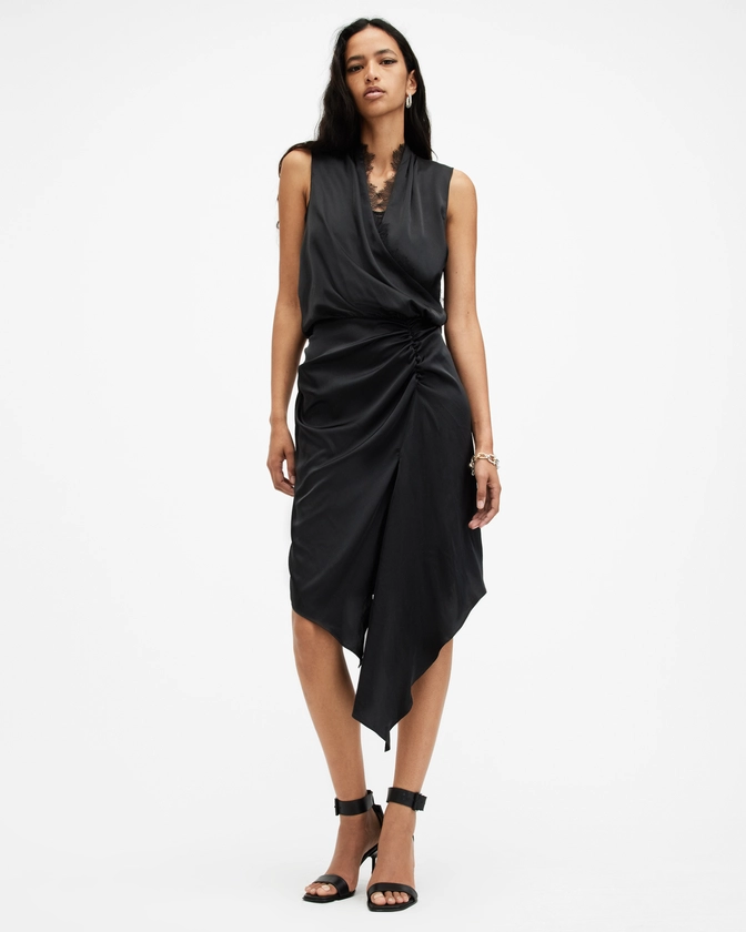 Abi Lace Trim Draped Midi Dress Black | ALLSAINTS