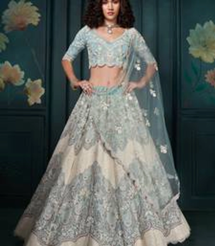 firozi Georgette embroidered wedding lehenga - Veega Fashion - 4458613