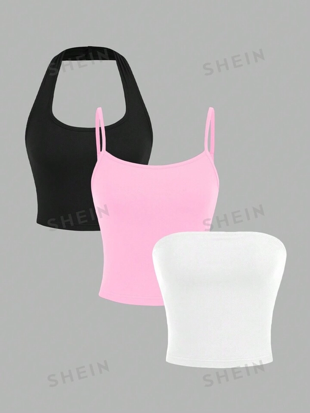 SHEIN EZwear 3pcs/Set Black Spaghetti Strap Cropped Camisoles, Casual & Sexy Tops For Women, Spring/Summer