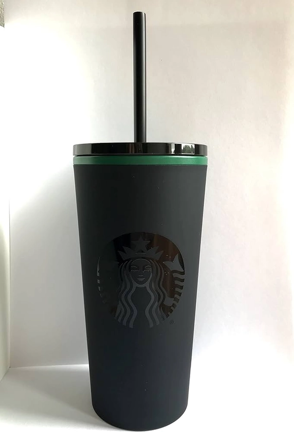 STARBUCKS Tumbler Cold Cup with Straw, Matte Black with Green Rim, 12 fl oz